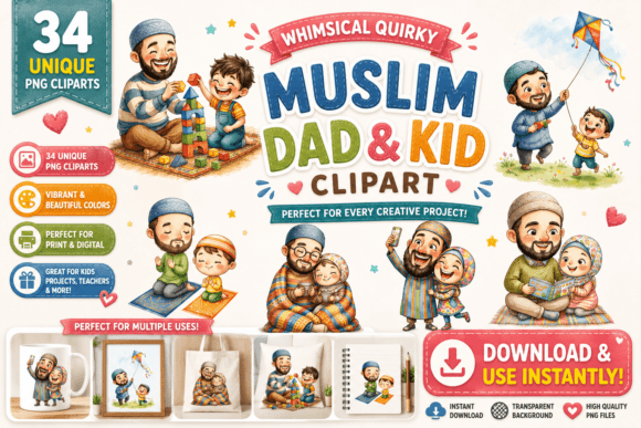 Whimsical Quirky Muslim Dad & Kid: Joyful Clipart for Modern Design